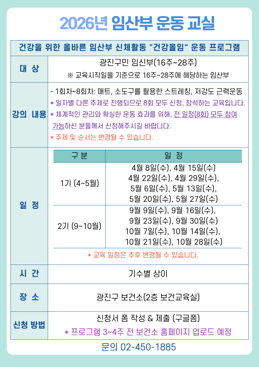 2026년 임산부 운동 교실 안내. 건강을 위한 올바른 임산부 신체활동 &lsquo;건강올임&rsquo; 운동 프로그램. 대상은 광진구민 임신부(임신 16주~28주)로, 교육 시작일 기준 해당 주수에 해당하는 임산부. 강의 내용은 1회차부터 8회차까지 매트와 소도구를 활용한 스트레칭 및 저강도 근력운동으로 구성되며, 일자별로 다른 주제로 진행되어 8회 모두 신청&middot;참석해야 함. 체계적인 관리와 운동 효과를 위해 전 일정 참여 가능자 신청 권장, 주제 및 순서는 변경될 수 있음. 일정은 1기(4~5월) 4월 8&middot;15&middot;22&middot;29일, 5월 6&middot;13&middot;20&middot;27일. 2기(9~10월) 9월 9&middot;16&middot;23&middot;30일, 10월 7&middot;14&middot;21&middot;28일. 교육 일정은 변경될 수 있음. 시간은 기수별 상이. 장소는 광진구 보건소 2층 보건교육실. 신청 방법은 신청서 폼 작성 및 제출(구글폼), 프로그램 3~4주 전 보건소 홈페이지 업로드 예정. 문의 전화 02-450-1885.